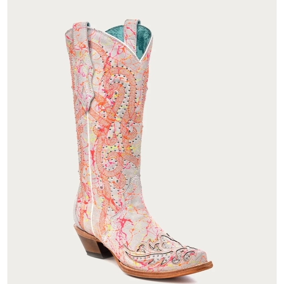 🔹️Corral Boots Flourescent Neon Orange colorful Embroidered Heeled Cowboy Boots - Picture 1 of 7